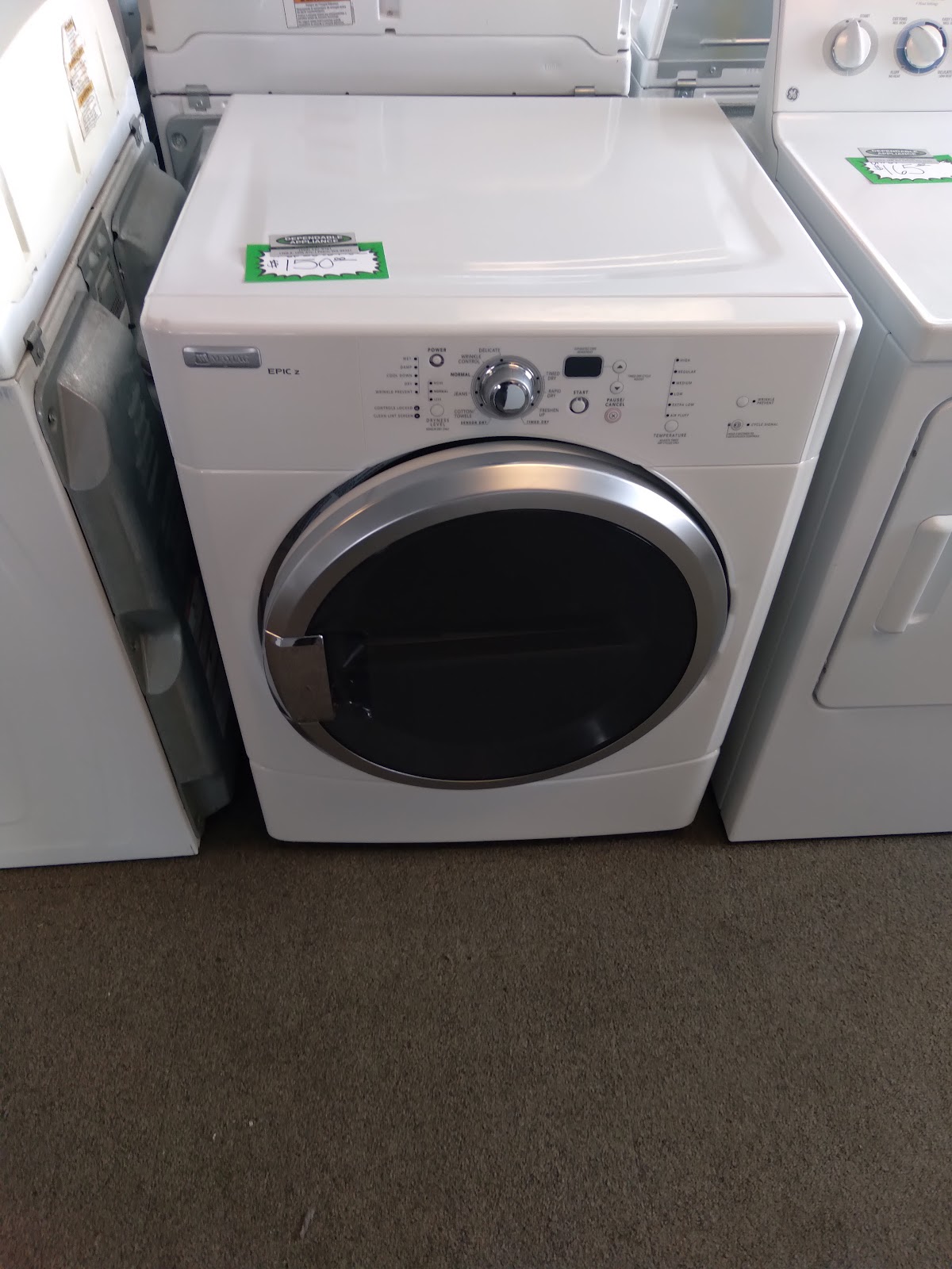 A clean used Maytag dryer priced and ready in the Dependable Appliance showroom